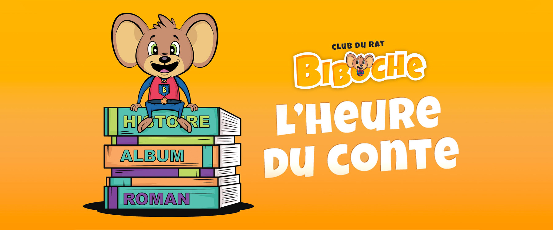 Sur un fond orange, un rat en dessin animé est assis sur une pile de livres verts, oranges et bleus