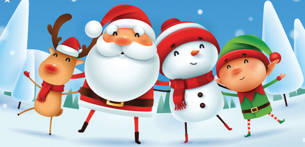 Un père Noël, un bonhomme de neige, un lutin et un renne au nez rouge en dessin animé se tiennent par les épaules dans un décor enneigé