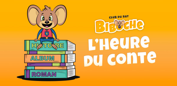 Sur un fond orange, un rat en dessin animé est assis sur une pile de livres verts, oranges et bleus