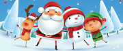 Un père Noël, un bonhomme de neige, un lutin et un renne au nez rouge en dessin animé se tiennent par les épaules dans un décor enneigé