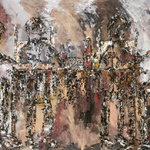 Sur un fond rouge, beige et blanc, cinq figures de personnes texturées en noir et blanc sont assis à une table et discutent