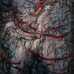 Textures d'écorce noir, blanche et grise sur laquelle est peinte des lignes rouges aléatoires