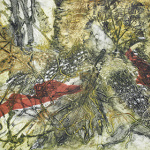 Textures de feuilles de couleur jaune et brune à travers lesquelles apparaissent des tronc d'arbres et des traits rouges