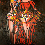 Sur fond noir, deux silhouettes sans tête portant des robes rouge avec des détails jaunes, blancs et bleus