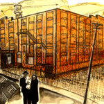 Bâtiment orangé surplombé d'un ciel jaune et entouré de portraits de personnages d'époque en noir et blanc