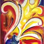 Plume blanche et bouteille d'encre mauve de laquelle s'écoule de l'encre jaune et rouge sur un fond mauve et rouge