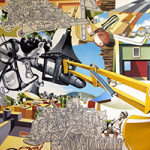 Plusieurs objets dont une lampe jaune, une lanterne et des lunettes noirs sont éparpillés