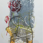 Traits de peinture grise, verte, orange et rouge qui forment une silhouette, du texte et une rose