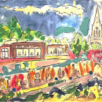 Formes fluides colorées représentant des personnes se promenant au Village de Sainte-Thérèse