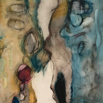 En direction verticale des couleurs estompées de beige à gauche et de bleu à droite sont séparées d'un long segment beige