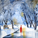 Sentier dans un parc enneigé avec des flocons blancs dans les arbres et des silhouettes rouges de piétons